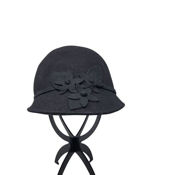 Giovannio Womens Black Wool Felt Cloche Hat Ribbon Flower Bow Retro Roaring 20s - Picture 8 of 8